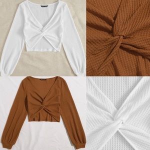 Twist Front Waffle Knit Solid Crop Tops